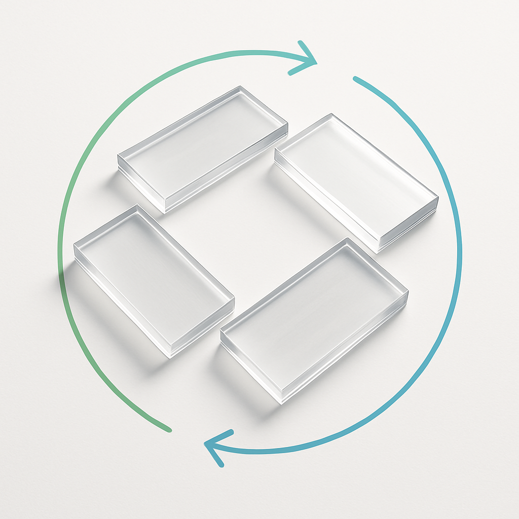 Minimalistische weergave van gerecyclede Lexan® platen in een circulaire compositie met recyclepijl, symbool voor duurzaamheid en circulariteit.